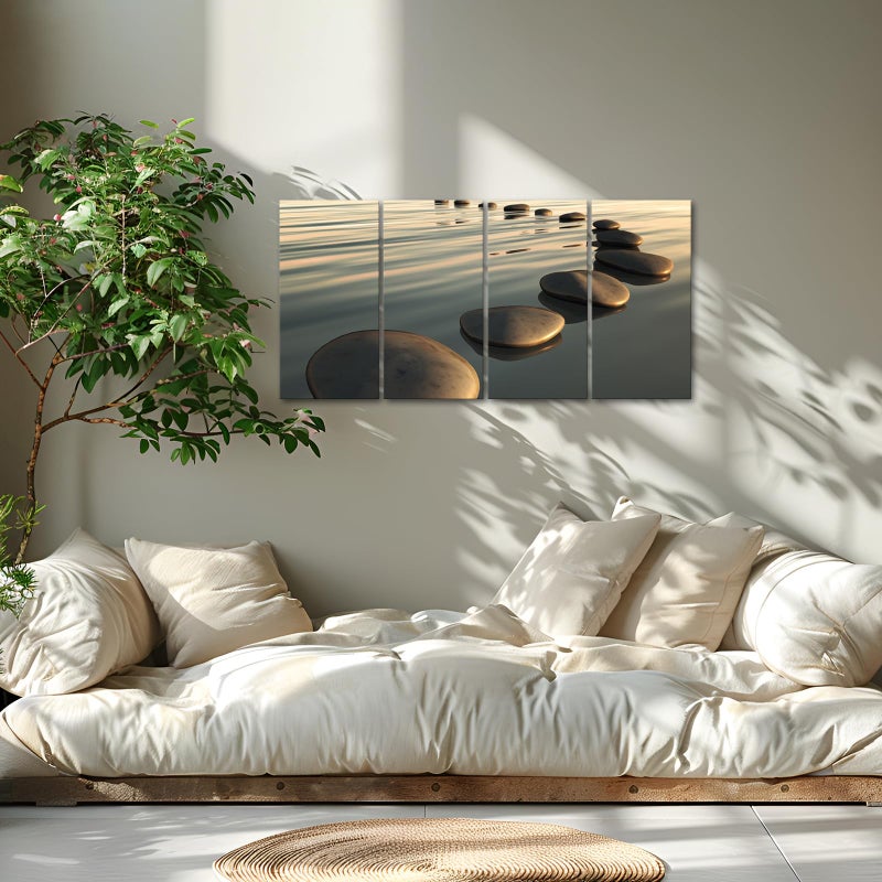 LevvArts - Zen Canvas Wall Art,Basalt Stone on The Sunset Relax Scenery Canvas Pictures for Living Room Decoration,Peaceful Water Multi Panel Wall Art Easy Hanging On - 48" W x 24" H overall - Image 2